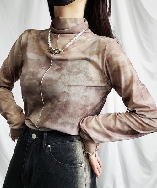 me+em select(ミームセレクト)の「※※【 5color 】カラーマーブルシアーハイネックメロートップス(Tシャツ/カットソー・レディース・ピンク/オレンジ/ブルー/グレイッシュベージュ/アイボリー・MEDIUM/FREE)」の6枚目の写真