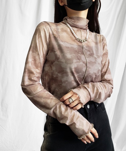 me+em select(ミームセレクト)の「※※【 5color 】カラーマーブルシアーハイネックメロートップス(Tシャツ/カットソー・レディース・ピンク/オレンジ/ブルー/グレイッシュベージュ/アイボリー・MEDIUM/FREE)」の7枚目の写真