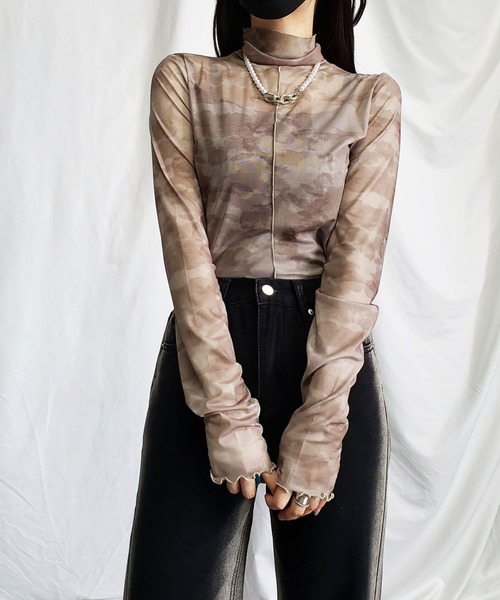 me+em select(ミームセレクト)の「※※【 5color 】カラーマーブルシアーハイネックメロートップス(Tシャツ/カットソー・レディース・ピンク/オレンジ/ブルー/グレイッシュベージュ/アイボリー・MEDIUM/FREE)」の8枚目の写真