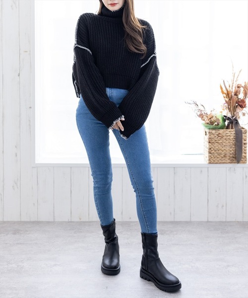 clear（クリア）の「配色ステッチショート丈ニットトップス（ニット/セーター・レディース・ブラック/オレンジ/アイボリー・F）」の9枚目の写真