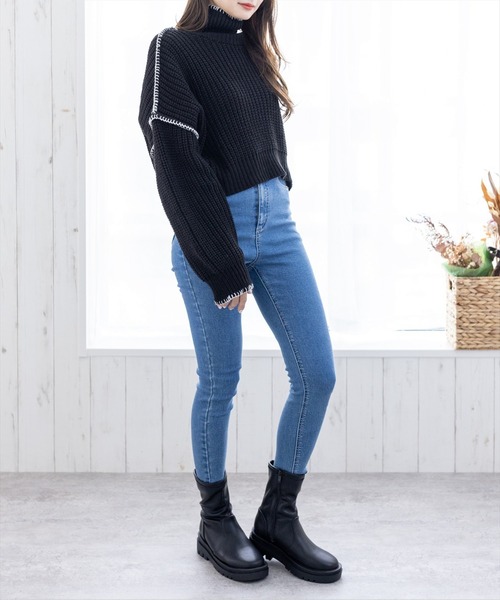 clear（クリア）の「配色ステッチショート丈ニットトップス（ニット/セーター・レディース・ブラック/オレンジ/アイボリー・F）」の10枚目の写真