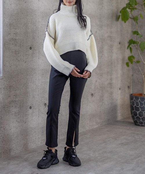 clear（クリア）の「配色ステッチショート丈ニットトップス（ニット/セーター・レディース・ブラック/オレンジ/アイボリー・F）」の4枚目の写真