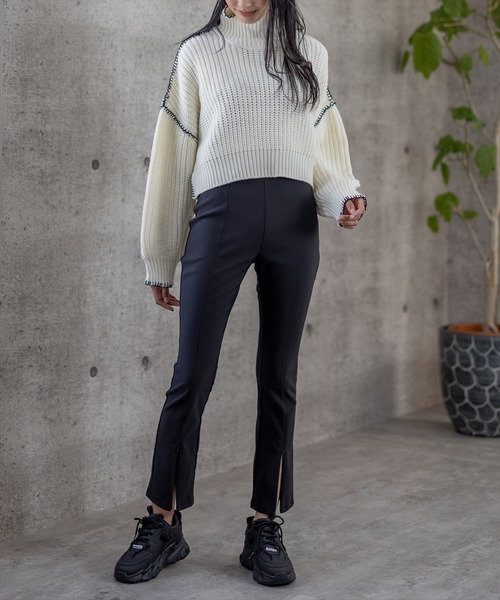 clear（クリア）の「配色ステッチショート丈ニットトップス（ニット/セーター・レディース・ブラック/オレンジ/アイボリー・F）」の6枚目の写真