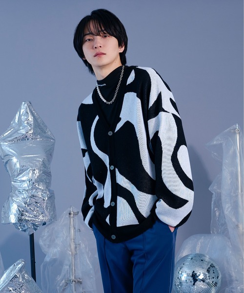 Ellno Loset（エルノロゼット）の「マーブル柄ルーズカーディガン（カーディガン/ボレロ・メンズ・ブラック/ブルー・MEDIUM/LARGE）」の21枚目の写真