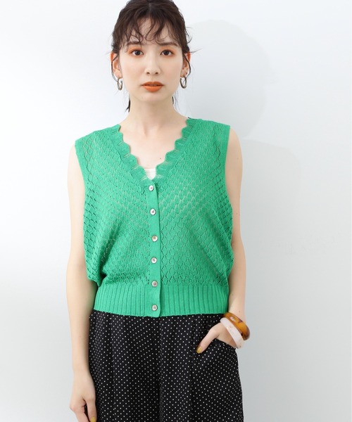 N.(N. Natural Beauty Basic)(エヌエヌナチュラルビューティーベーシック)の「◆リーフ柄編みVニットタンク(ニット/セーター・レディース・オフホワイト/モカ/グリーン・MEDIUM)」の14枚目の写真