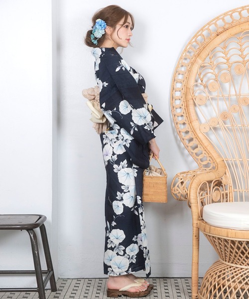 Retica浴衣セット レディース 紺地×青椿 ゆかた2点セット (浴衣 平帯) レティカ Retica 浴衣レディース紺地青椿ゆかた2点セット (浴衣+