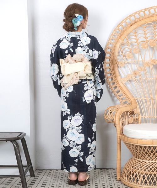 セール】浴衣セット レディース レトロ 紺地に華やか朝顔 ゆかた