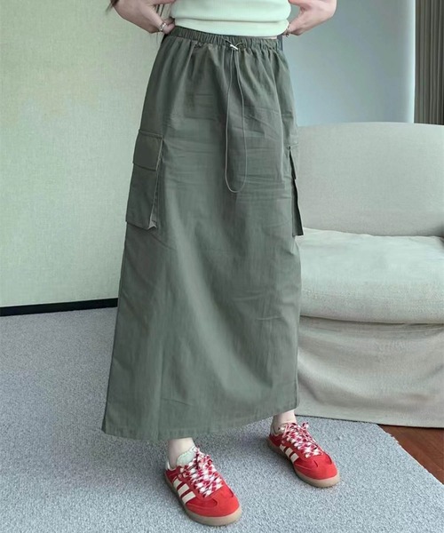 SETUP7（セットアップセブン）の「【SETUP7】ドローコードロング丈カーゴスカート KNF025（スカート・レディース・カーキ/ネイビー/ベージュ/ブラック・FREE）」の3枚目の写真
