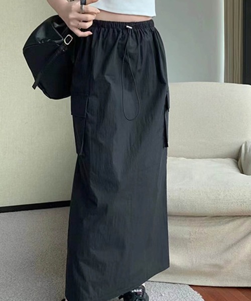 SETUP7（セットアップセブン）の「【SETUP7】ドローコードロング丈カーゴスカート KNF025（スカート・レディース・カーキ/ネイビー/ベージュ/ブラック・FREE）」の7枚目の写真