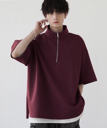 サイドスリットコットンポンチビッグシルエットドレープ5分袖ハーフジップカットソー