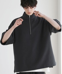 サイドスリットコットンポンチビッグシルエットドレープ5分袖ハーフジップカットソー