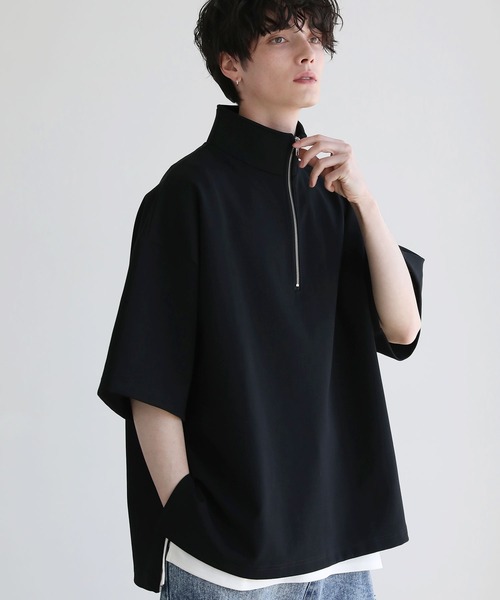 LILL(リル)の「サイドスリットコットンポンチビッグシルエットドレープ5分袖ハーフジップカットソー(Tシャツ/カットソー・メンズ・ホワイト/ネイビー/グレー/ブラック/チャコールグレー/ワイン/ブルーグレー・L/M/S/XL)」の10枚目の写真