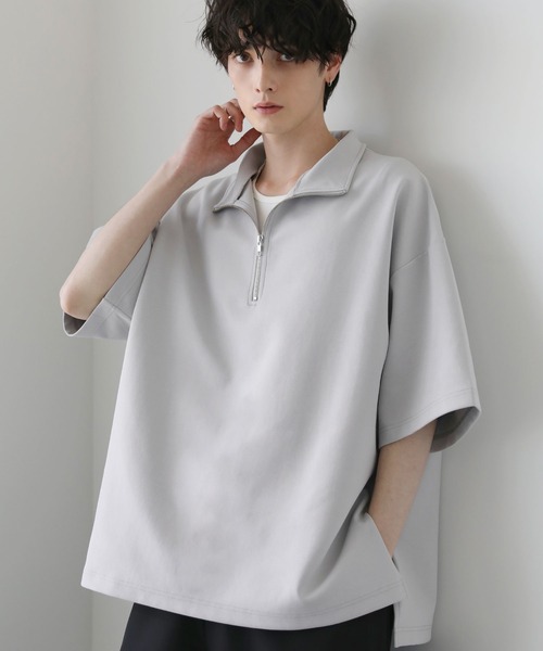 LILL(リル)の「サイドスリットコットンポンチビッグシルエットドレープ5分袖ハーフジップカットソー(Tシャツ/カットソー・メンズ・ホワイト/ネイビー/グレー/ブラック/チャコールグレー/ワイン/ブルーグレー・L/M/S/XL)」の11枚目の写真