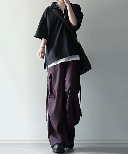 LILL(リル)の「サイドスリットコットンポンチビッグシルエットドレープ5分袖ハーフジップカットソー(Tシャツ/カットソー・メンズ・ホワイト/ネイビー/グレー/ブラック/チャコールグレー/ワイン/ブルーグレー・L/M/S/XL)」の14枚目の写真