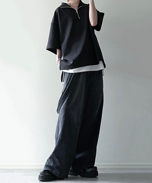 LILL(リル)の「サイドスリットコットンポンチビッグシルエットドレープ5分袖ハーフジップカットソー(Tシャツ/カットソー・メンズ・ホワイト/ネイビー/グレー/ブラック/チャコールグレー/ワイン/ブルーグレー・L/M/S/XL)」の15枚目の写真