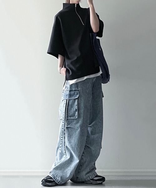 LILL(リル)の「サイドスリットコットンポンチビッグシルエットドレープ5分袖ハーフジップカットソー(Tシャツ/カットソー・メンズ・ホワイト/ネイビー/グレー/ブラック/チャコールグレー/ワイン/ブルーグレー・L/M/S/XL)」の16枚目の写真