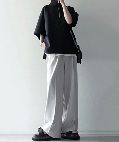 LILL(リル)の「サイドスリットコットンポンチビッグシルエットドレープ5分袖ハーフジップカットソー(Tシャツ/カットソー・メンズ・ホワイト/ネイビー/グレー/ブラック/チャコールグレー/ワイン/ブルーグレー・L/M/S/XL)」の18枚目の写真