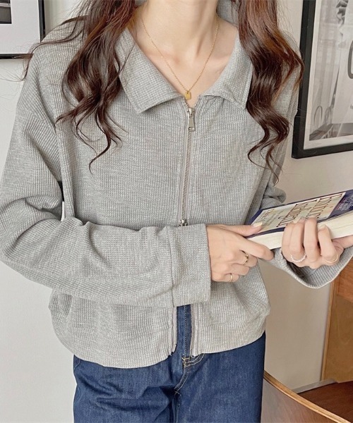 LADY LIKE(レディライク)の「ダブルジップ襟付きトップス(Tシャツ/カットソー・レディース・ブラック/サックスブルー/グレー/アイボリー・M)」の3枚目の写真