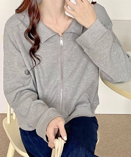 LADY LIKE(レディライク)の「ダブルジップ襟付きトップス(Tシャツ/カットソー・レディース・ブラック/サックスブルー/グレー/アイボリー・M)」の18枚目の写真