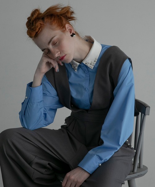 BONLECILL noir（ボンルシールノワール）の「【BONLECILL noir】2wayサテンカラークレリックパール/ビジューブラウス（シャツ/ブラウス・レディース・オフホワイト/ブラック/ブルー/チャコールグレー/ブルー系1/ブラック系1/グレー系1/ホワイト系1・FREE）」の8枚目の写真