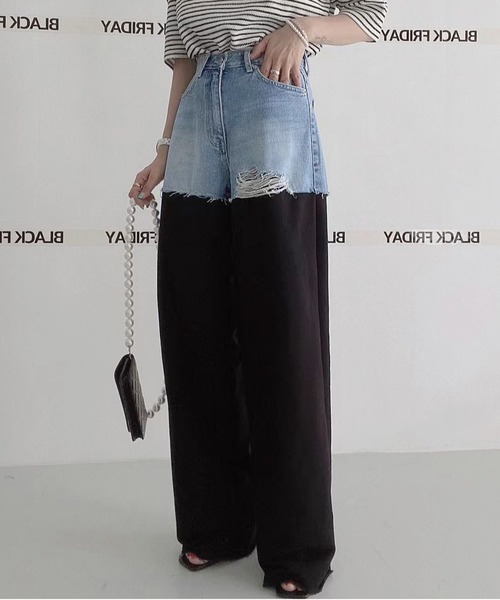 ROOPTOKYO（ループトウキョウ）の「▲Sweat Collaboration Damage Denim Pants / 切り替えスウェットダメージデニムパンツ（デニムパンツ・レディース・ブラック/グレー・S/M/L）」の12枚目の写真