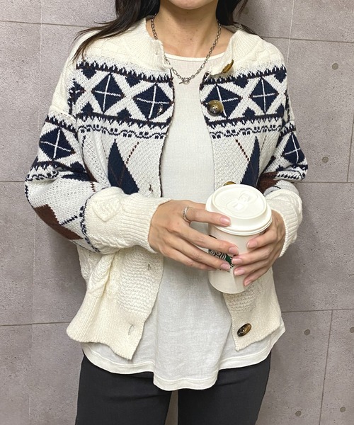 90s ノルディック柄 カーディガン セーター くるみボタン オールド 前後2wayノルディック柄ニットカーディガン[品番：TRIW0003295