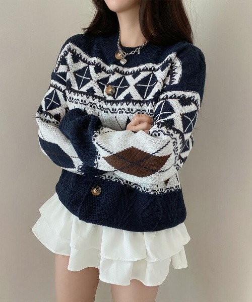 【期間限定】ノルディックNORLFENDER 総柄 ウールニットカーディガン 70～80s Norsewear ノルディック柄 ピュアウールニット チロル