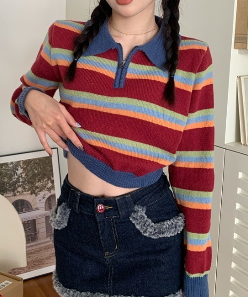 Vipoa(ヴィポア)の「RETRO STRIPE クロップドポロニット(ニット/セーター・レディース・レッド/ブルー・FREE)」の15枚目の写真