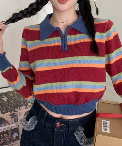 Vipoa(ヴィポア)の「RETRO STRIPE クロップドポロニット(ニット/セーター・レディース・レッド/ブルー・FREE)」の12枚目の写真