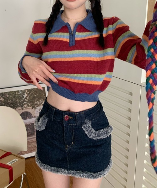 Vipoa(ヴィポア)の「RETRO STRIPE クロップドポロニット(ニット/セーター・レディース・レッド/ブルー・FREE)」の19枚目の写真