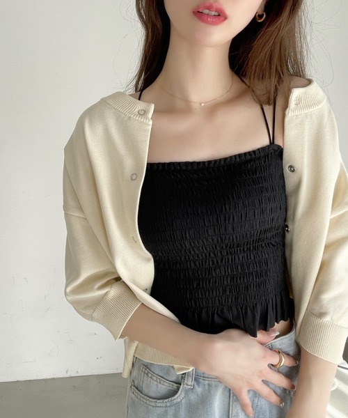 Ada.(エイダ)の「カップ付き ダブルストラップ シャーリング トップス(キャミソール・レディース・グリーン/ピンク/ホワイト/ブラック・FREE)」の20枚目の写真