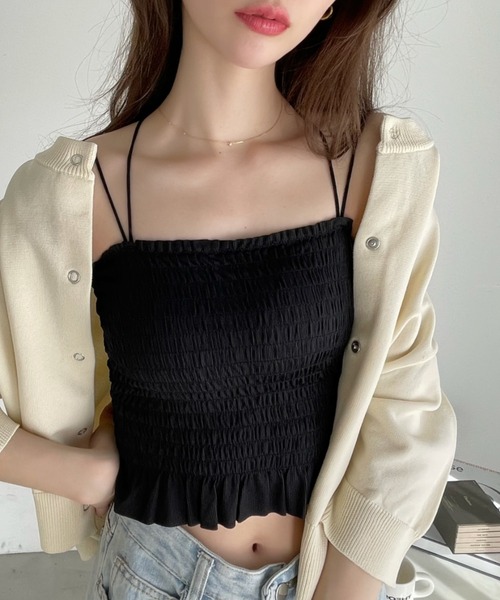 Ada.(エイダ)の「カップ付き ダブルストラップ シャーリング トップス(キャミソール・レディース・グリーン/ピンク/ホワイト/ブラック・FREE)」の10枚目の写真
