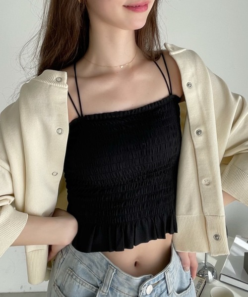 Ada.(エイダ)の「カップ付き ダブルストラップ シャーリング トップス(キャミソール・レディース・グリーン/ピンク/ホワイト/ブラック・FREE)」の11枚目の写真