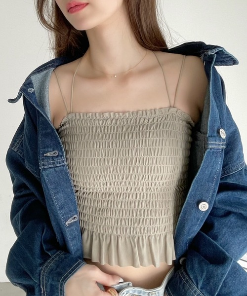 Ada.(エイダ)の「カップ付き ダブルストラップ シャーリング トップス(キャミソール・レディース・グリーン/ピンク/ホワイト/ブラック・FREE)」の13枚目の写真