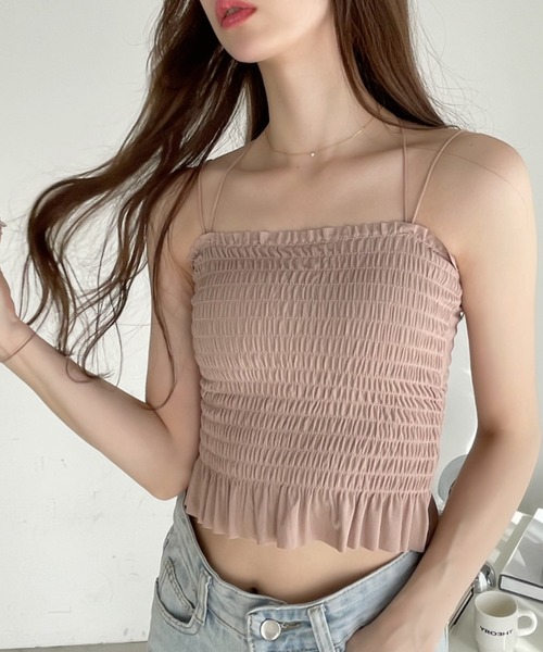Ada.(エイダ)の「カップ付き ダブルストラップ シャーリング トップス(キャミソール・レディース・グリーン/ピンク/ホワイト/ブラック・FREE)」の17枚目の写真