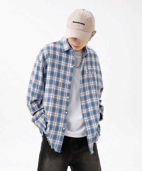 Ressaca(レサーカ)の「ロゴ刺繍フリンジチェックシャツ ダメージ加工 オーバーサイズ(シャツ/ブラウス・メンズ・ブルー/ピンク/ブラック・L/M/XXL/XL)」の9枚目の写真