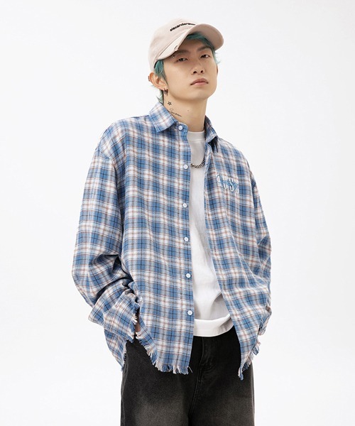 Ressaca(レサーカ)の「ロゴ刺繍フリンジチェックシャツ ダメージ加工 オーバーサイズ(シャツ/ブラウス・メンズ・ブルー/ピンク/ブラック・L/M/XXL/XL)」の10枚目の写真