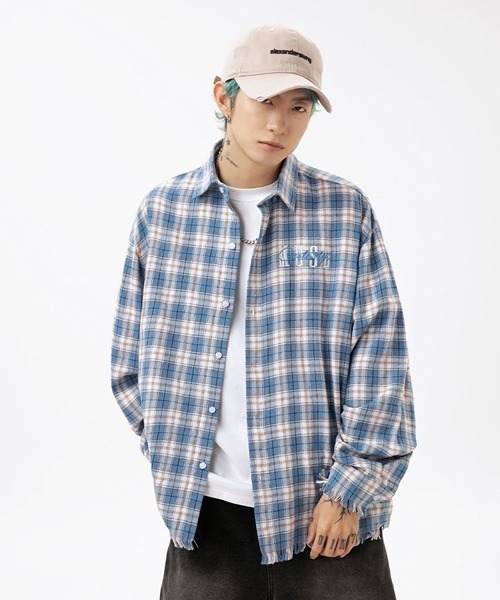 Ressaca(レサーカ)の「ロゴ刺繍フリンジチェックシャツ ダメージ加工 オーバーサイズ(シャツ/ブラウス・メンズ・ブルー/ピンク/ブラック・L/M/XXL/XL)」の11枚目の写真