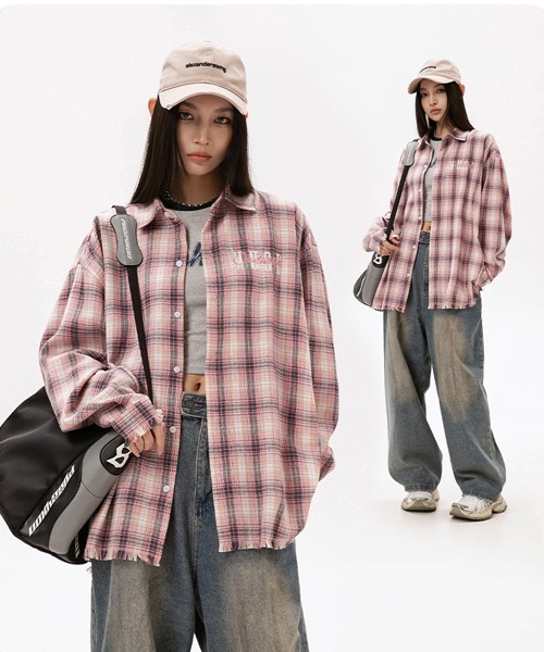 Ressaca(レサーカ)の「ロゴ刺繍フリンジチェックシャツ ダメージ加工 オーバーサイズ(シャツ/ブラウス・メンズ・ブルー/ピンク/ブラック・L/M/XXL/XL)」の14枚目の写真