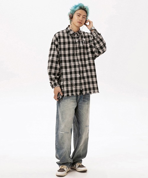 Ressaca(レサーカ)の「ロゴ刺繍フリンジチェックシャツ ダメージ加工 オーバーサイズ(シャツ/ブラウス・メンズ・ブルー/ピンク/ブラック・L/M/XXL/XL)」の7枚目の写真