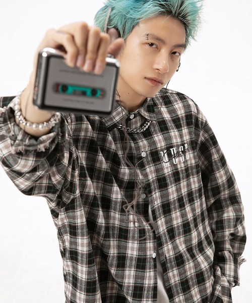 Ressaca(レサーカ)の「ロゴ刺繍フリンジチェックシャツ ダメージ加工 オーバーサイズ(シャツ/ブラウス・メンズ・ブルー/ピンク/ブラック・L/M/XXL/XL)」の5枚目の写真