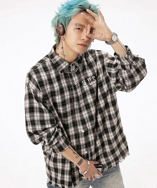 Ressaca(レサーカ)の「ロゴ刺繍フリンジチェックシャツ ダメージ加工 オーバーサイズ(シャツ/ブラウス・メンズ・ブルー/ピンク/ブラック・L/M/XXL/XL)」の6枚目の写真