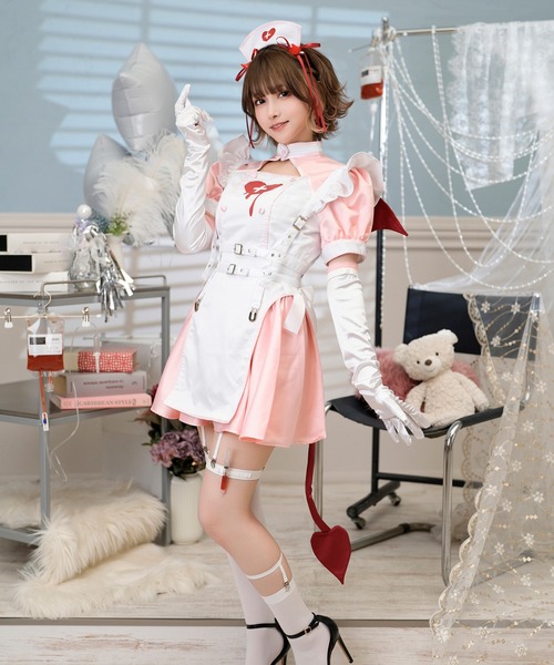 malymoon デビルハーネスナースコスプレ衣装 レッド/ブラック 即日発送】ブラックデビルハーネスナース《ハロウィンコスプレ9点