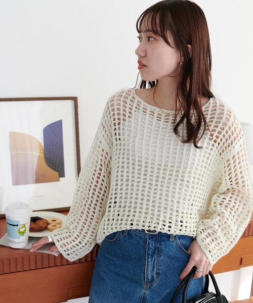 DISCOAT（ディスコート）の「【新色追加!/WEB限定】ラメスパンコールスカシプルオーバー（ニット/セーター・レディース・オフホワイト/オレンジ/グリーン/ブラック/アイボリー・FREE）」の9枚目の写真