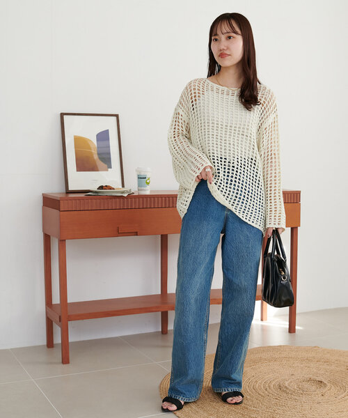 DISCOAT（ディスコート）の「【新色追加!/WEB限定】ラメスパンコールスカシプルオーバー（ニット/セーター・レディース・オフホワイト/オレンジ/グリーン/ブラック/アイボリー・FREE）」の8枚目の写真