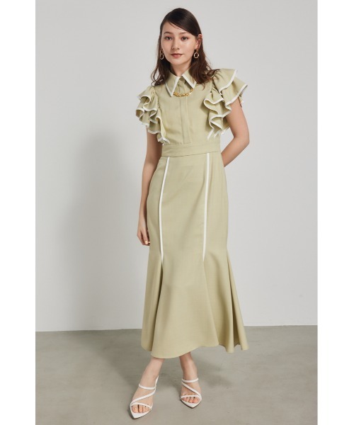 セール(SALE)開催中！ファッション通販 セール】フリルスリーブバイカラーワンピース 春服（ワンピース ワンピース