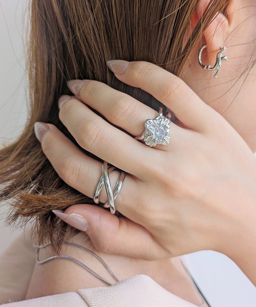 セール】ニッケルフリー フラワーストーンメタルリング（リング