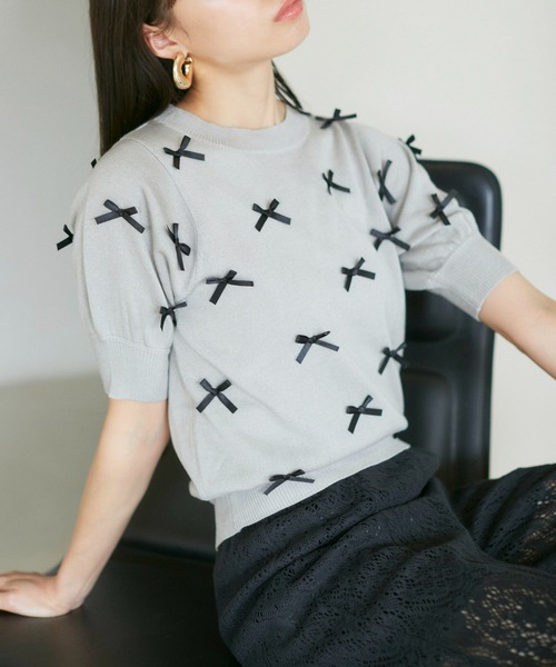 VIS（ビス）の「リボンハーフスリーブサマーニット（ニット/セーター・レディース・ブルー系その他6/グレー/キナリ/ピンク・FREE）」の2枚目の写真