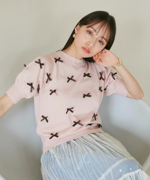 VIS（ビス）の「リボンハーフスリーブサマーニット（ニット/セーター・レディース・ブルー系その他6/グレー/キナリ/ピンク・FREE）」の4枚目の写真