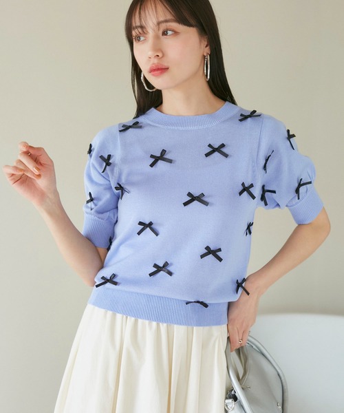 VIS（ビス）の「リボンハーフスリーブサマーニット（ニット/セーター・レディース・ブルー系その他6/グレー/キナリ/ピンク・FREE）」の3枚目の写真